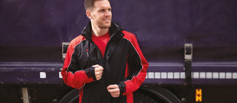 Man wearing red and black advocet jacket