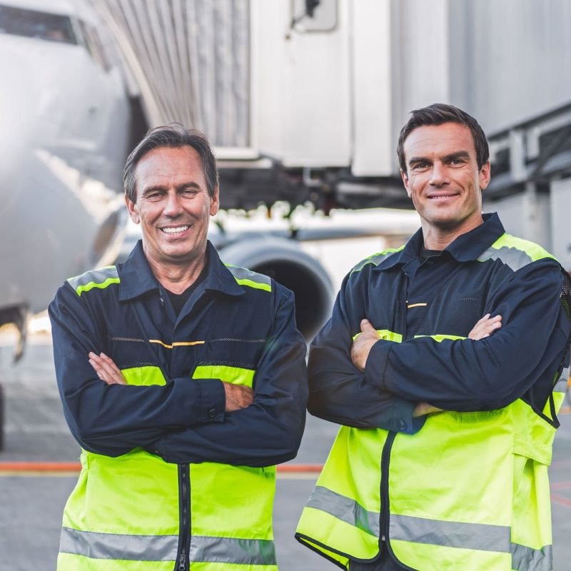 Two men on runway in PPE