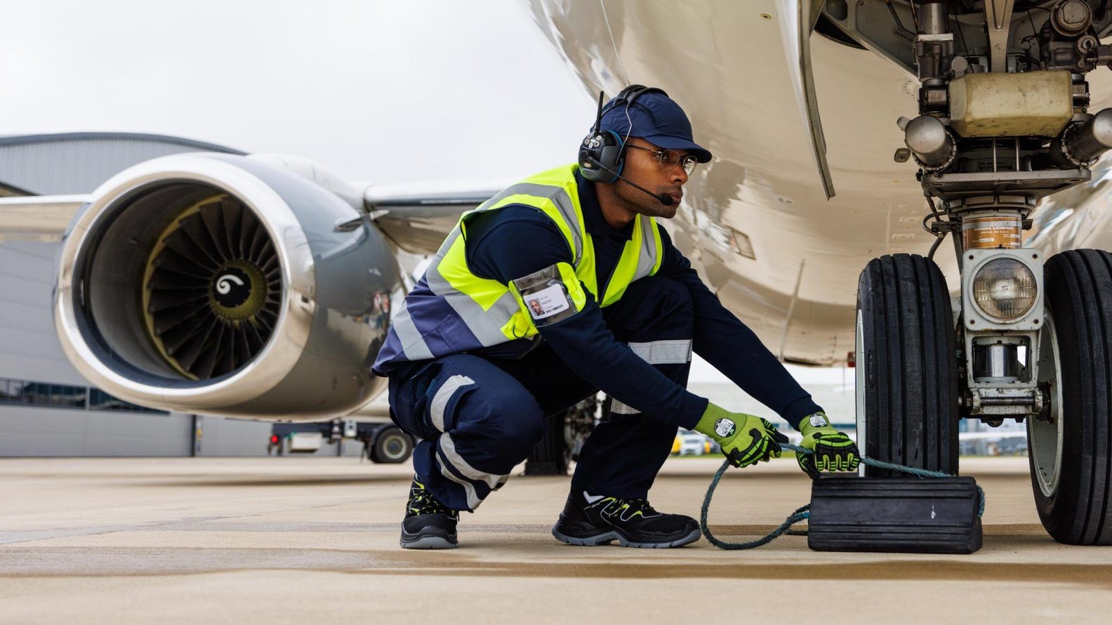 Removing airplane chocks in his-vis