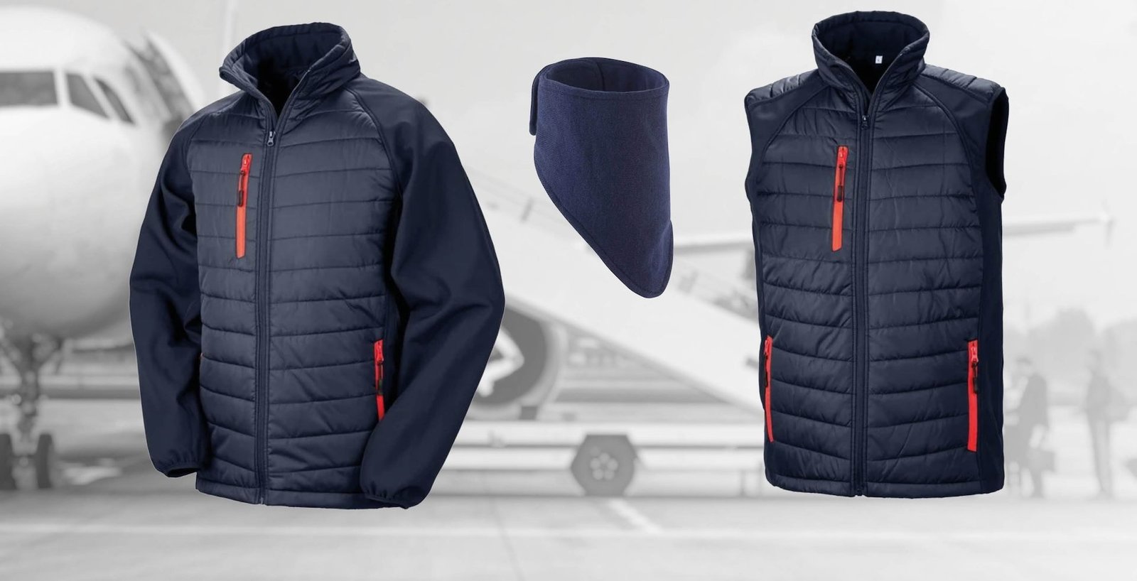 Softshell, Gilet and Bandit with aeroplane background