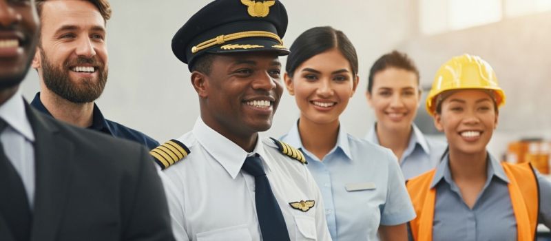 group of happy diverse employees wearing different types of uniforms including construction, aviation and retail